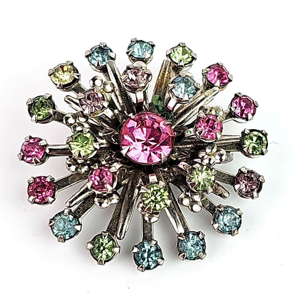 Vintage Pink Smokey Rhinestone Layered Starburst Brooch Prong Set Silver Tone